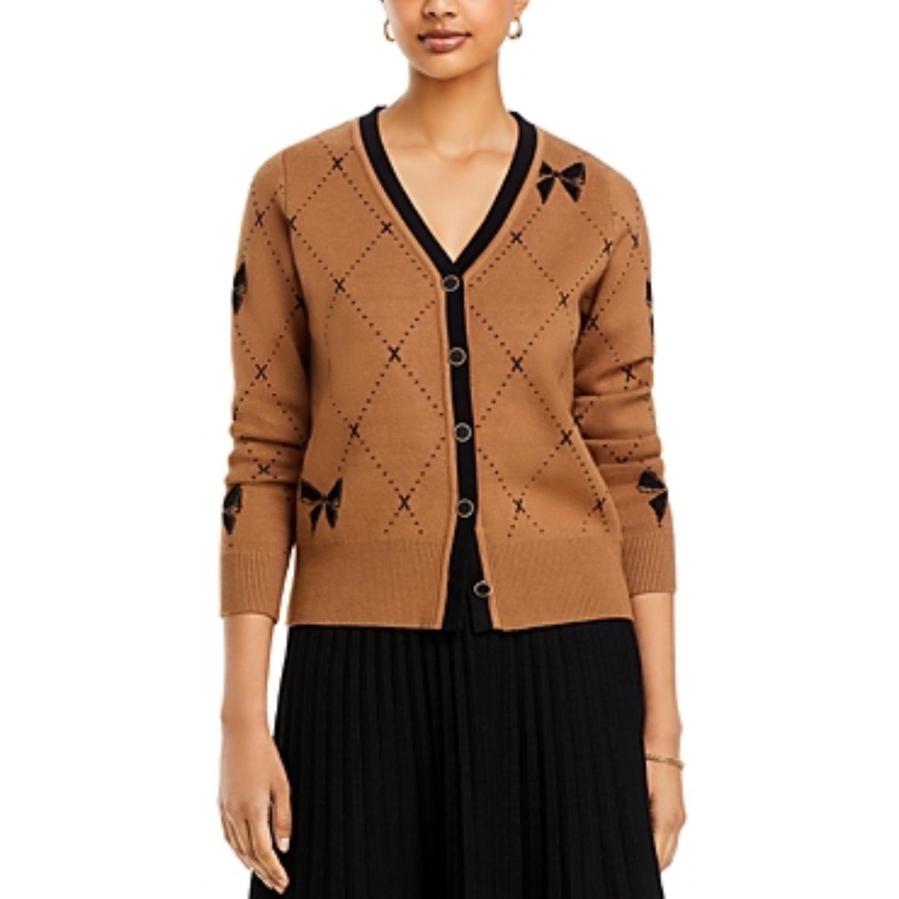Nancy Yang Brown Argyle Clueless Bow V-Neck Cardigan Sweater Gold‎ Buttons Large